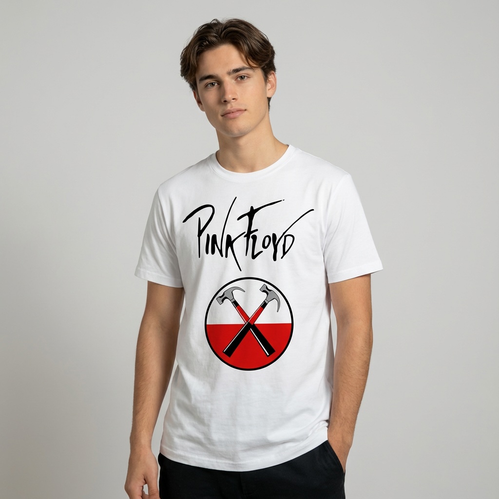 Camiseta Pink Floyd blanca - Logotipo Martillos