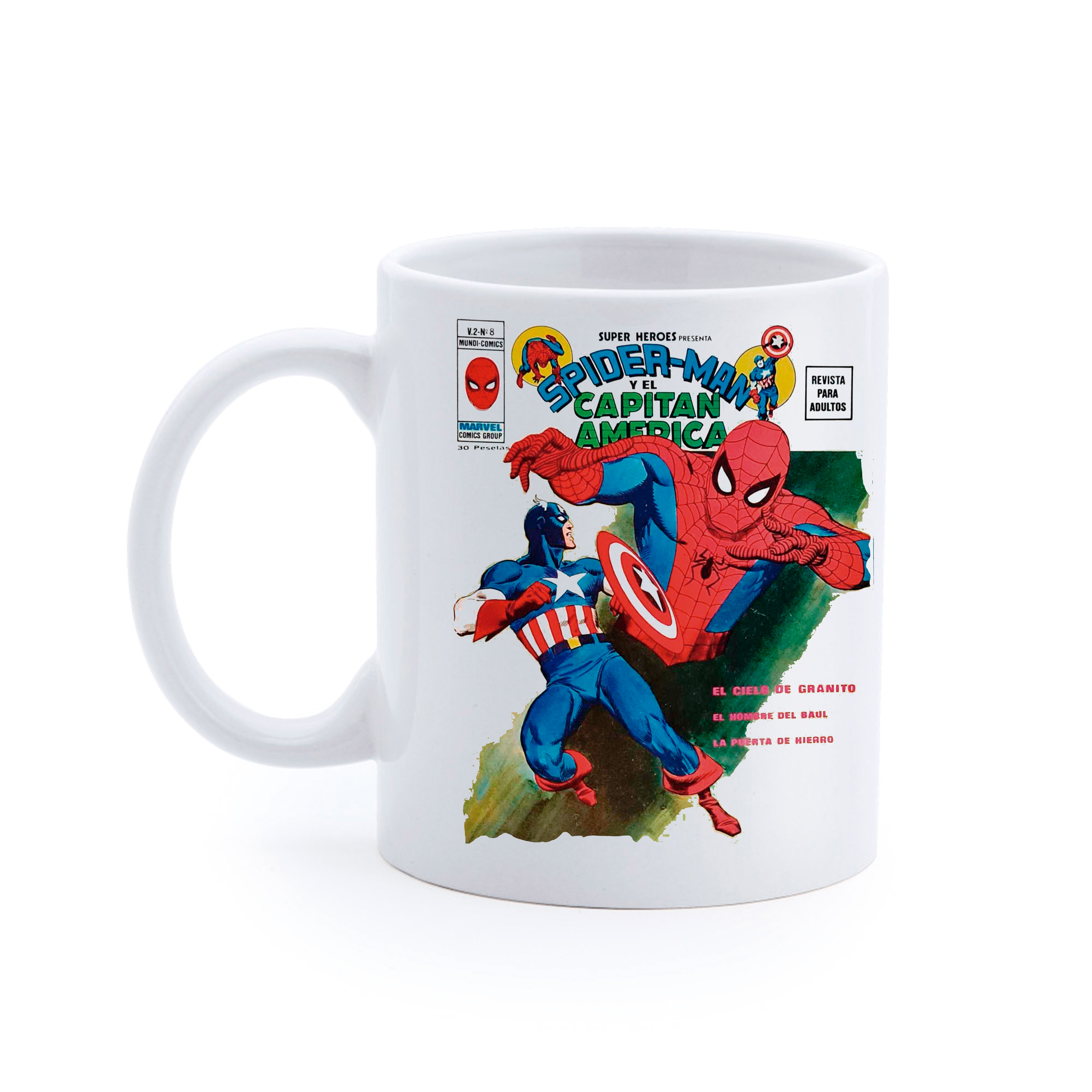 Taza Spiderman y Capitán América blanca